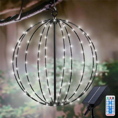 Solar Hängekugelleuchten Aussen Weihnachtsdeko Lichterkette, Wasserdichte Metall Leuchtkugel 30cm 120LEDs in 8 Modi mit Remote-Steuerung für Garten Terrasse Innen - Weiß