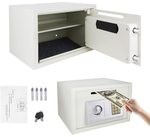 16L Electronic Safe Cash Box Small Safe Digital Safe Money Safe Box Steel Security Box, Key Safe Wall Mounted For Office Home Hotel Use, Steel Locking Bolts, 25Dx35Wx25H cm (White)