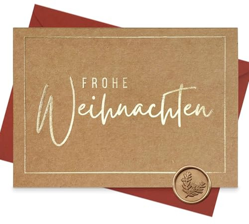 møij 3er Set Weihnachtskarten Kraftpapier Goldfolie Frohe Weihnachten | inkl. Briefumschlägen & Wachssiegel, edle Heißfolienprägung, Frohe-Weihnachten-Schriftzug