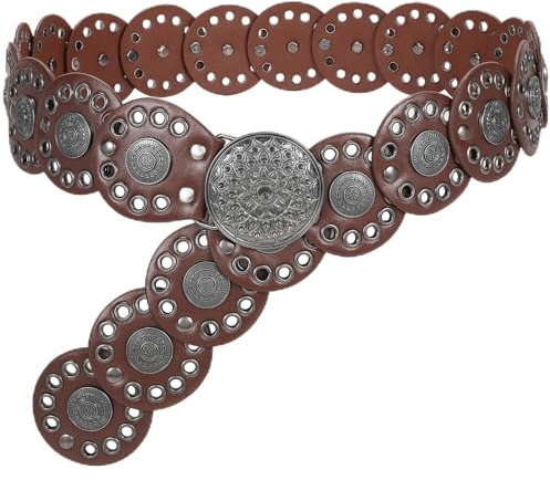 JasGood Breite Scheibengürtel für Damen Leder Aushöhlen Runde Gürtel Western Cowgirl Gürtel Damen Concho Vintage Boho Disc Ledergürtel Verstellbare Taillengürtel für Kleider