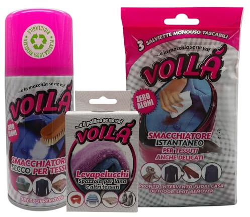 SET: Smacchiatore a Secco Spray Per tessuto 200ml + Salviette Smacchiatore Istantaneo, Per tessuto Delicati, Confezione Da 3 Salviette + Levapelucchi, Spazzola Per Lana