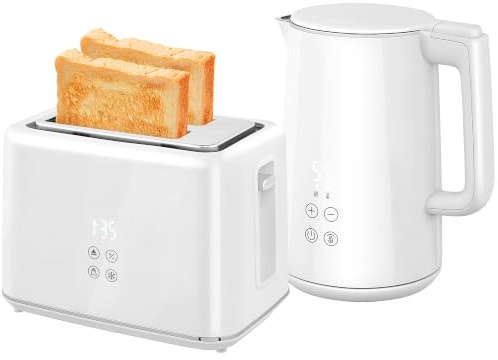 HOMCOM Digital Stainless Steel Kettle and Toaster Set, 1.5L 3000W Fast Boil Kettle, 2 Slice Toaster with 7 Level Browning Controls, Defrost, Reheat, Keep Warm, Crumb Tray and LED Touch Display, White