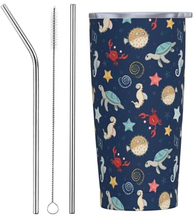 VOSERY Botella de agua de 20 onzas con tapa y popote, vaso aislado de criaturas marinas, vasos de acero inoxidable, taza de café de viaje, vaso personalizado
