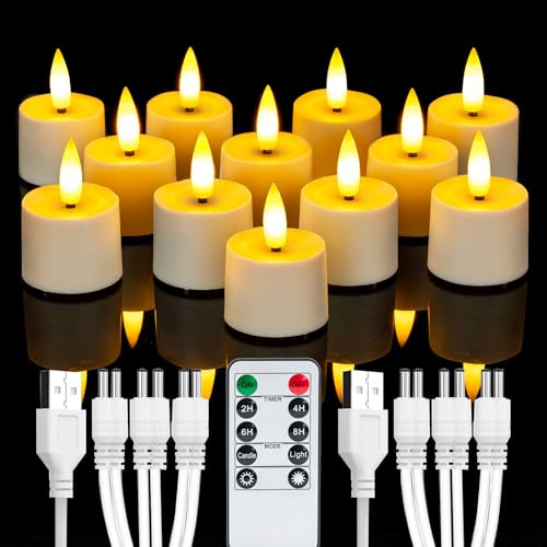 Homemory 12er flackernd Wiederaufladbare Teelichter mit Fernbedienung | Timer LED Teelichter, dimmbare Kerzen, Aufladbar flammenlose Kerzen,3 Std. Ladezeit, bis zu 90 Std. für Heimdekoration