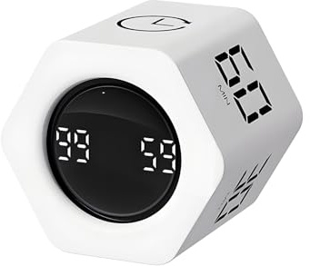 QUMOX F6 Temporizador Pomodoro Cubo, Temporizador Hexagonal con Gravedad, Cuenta Atrás 1/5/10/30/60 Min, Modo Cronómetro, Vibración Silenciosa y Alarma Sonora, Recargable (Blanco)