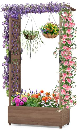 HOMASIS Blumenkasten mit 2 Rankgitter & Dachregal, Hochbeet mit Spalier, Holz Pflanzkasten für Kletterpflanz, Pflanzkübel Pflanzgefäß Rankhilfe für Garten Balkon Terrasse (Braun, 110x44x182cm)