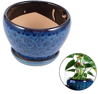 UPKOCH Pot De Fleurs en Céramique avec Plateau pour Plantes Succulentes, Taille Moyenne, Bleu Paon Drainage Intégré pour Intérieur, Bureau Et Décoration Maison