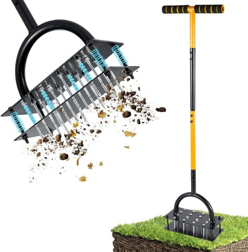 ROCKY&CHAO Rasenlüfter Aerifizierer für Rasen– Manuelles Rasen Belüften Gerät mit Doppelplatte, 16 Spikes& 4 Federn, T-Griff Rasenspecht für Verdichtete Böden, Garten & Rasenpflege