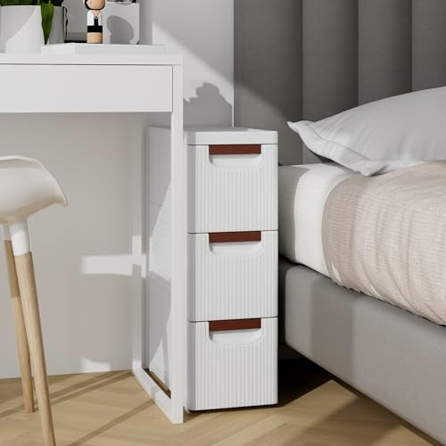GIANTEX Nischenschrank Nischenregal 19 cm breit, Nischenwagen auf Rollen, Schmaler Rollschrank Rollwagen mit 3 Schubladen, Badschrank Badrollwagen kleiner Schubladenschrank Toilettenschrank für Bad