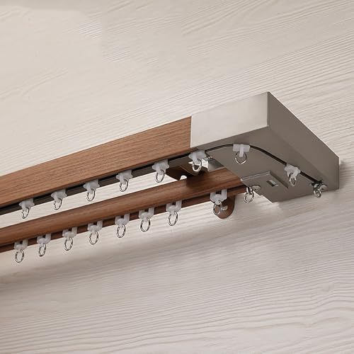 Wall Mounted Curtain Rail,Silent Curtain Track;imitation Wood Grain Curtain Box Track Side Mounted Slider Aluminum Alloy Straight Rail Single and Double Pulley Curtain Rod(B-Double Track,11.81ft/360cm