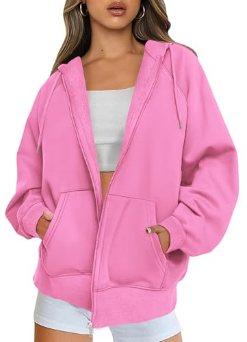 Jhsnjnr Womens Zip Up Hoodie Long Sleeve Oversized Hooded Fleece Jacket with Pocket Casual Warm Loose Fit Sweatshirt Pink