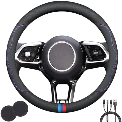 Universal Steering Wheel Cover,Stylish Non-Slip Premium Leather Steering Wheel Cover for Steering Wheel with a Diameter of 14.5-15 with 2 Coasters and 3-in-1 USB Charging Cable (Style B)