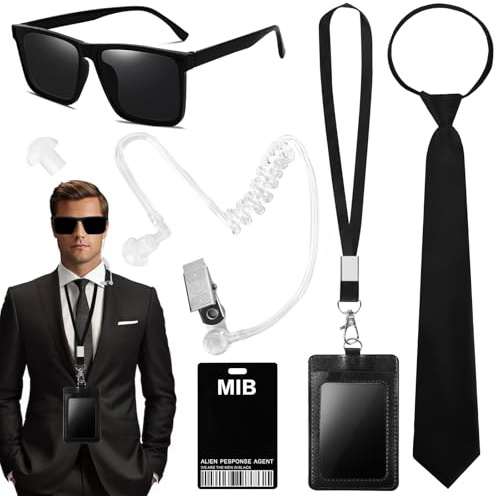 Alaoo Secret Service Costume Accessories, 6 PCS Spy Costume Accessory with Sunglasses, Zip Tie, Secret Service ID, Card Holder, Fake Earphones, Retractable Communication Cable, Agent Accessories Set