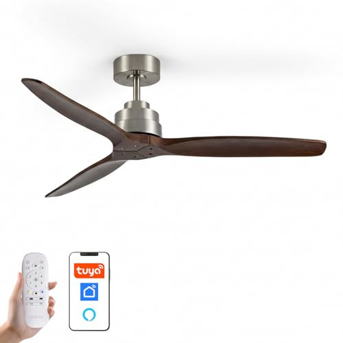 YOEVU HÉLIX Ventilador de Techo sin Luz, Mando a Distancia, 132 cm, Nogal | WiFi y App, Compatible con Alexa, Motor DC 30 W, 6 velocidades, Mando a distancia, Modo verano/invierno, 3 aspas, 132 cm