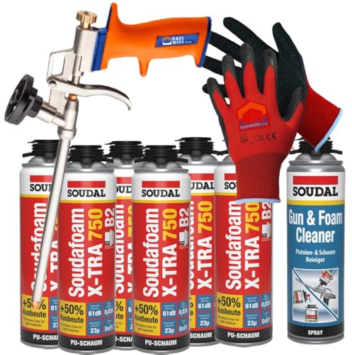 SET 6 x SOUDAL Soudafoam X-Tra 750 B2 Pistolenschaum 500 ml + Reiniger + Arbeitshandschuhe und Schaumpistole von Hauswerk.shop