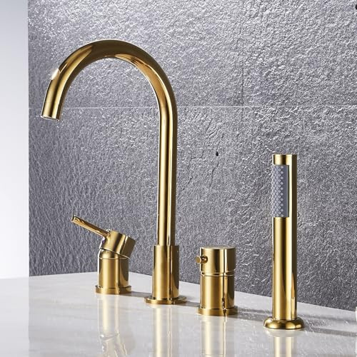 XJTNLB 4-Hole Bath Mixer Tap Gold Shower Head and Hose Set for Bath Taps Gooseneck Single Lever Pull Out Tap