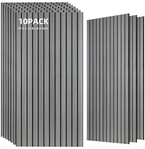 TO-TH Wood-Look Acoustic Wall Panels, 10 Pack 47.2” x 23.6” Acoustic Panels, Decorative Sound Absorbers Sound Dampening Panels for Home, Office, Basement, Gray Oak