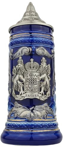 EVERSTYLE Bierkrug mit Deckel 0,7L – Motiv: Bayern – Steinkrug mit Spitzdeckel & Metallmontur – Geschenkidee für Männer, Vater & Bierliebhaber (Blau)