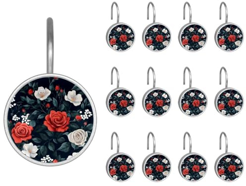 Lot de 12 crochets ronds décoratifs pour rideau de douche, roses, herbes et feuilles, antirouille pour tringles de douche et doublure