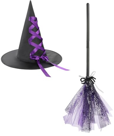 ITODA Halloween Witch Hat Broom Set Pointed Wizard Hat with Ribbon Bow Witch Flying Broomstick Fancy Dress Costume Accessories Cosplay Props for Halloween Carnival Party