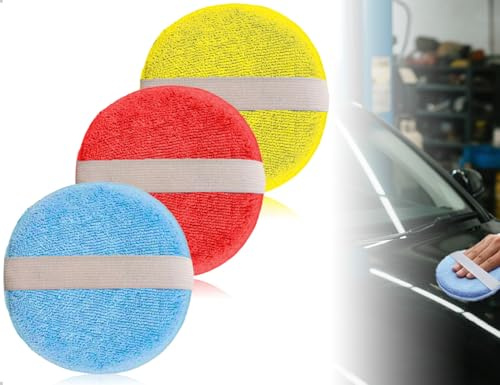 Emezddo Lot de 3 Éponges de Polissage,Éponges de Polissage en Microfibre pour Voiture, Tampons Applicateurs,Applicateur de Cire,pour Voitures, Camions et Nettoyants pour Peinture(Bleu,Jaune et Rouge)