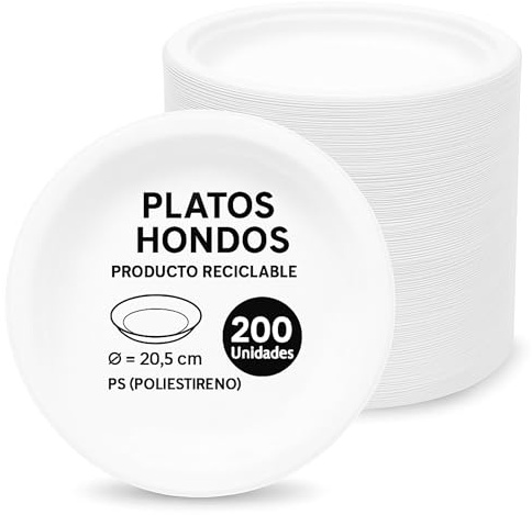 Platos de plástico blancos reutilizables, Plato de plástico hondo redondo, apto para alimentos calientes, Platos extra resistentes, Norma UNE-EN-12875-1, Diseño hondo diámetro 20.5 cm, 200 unidades