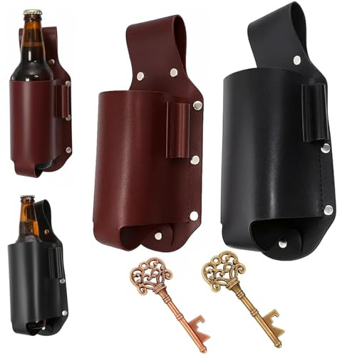 4 Stück Biergürtel Set, 2 Stück Flaschenhalter Gürtel Schwarz & Braun, 2 Stück Flaschenöffner, Leder Portable Bierholster Gürtelhalter, für Outdoor Wandern, Radfahren, Camping, Angeln, Partys
