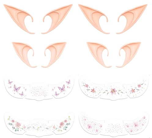 LURVOUS 4 Paar Elfenohren, Weicher Spitze Feenohren mit Sommersprossen Tattoo Aufkleber, Maskenball Kostümparty Cosplay Elfen Ohren, Feen Vampir Ohren für Halloween Weihnachts Karneval (Nude)