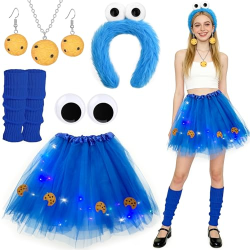 Kekse Monster Kostüm,Monster Kostüm Damen Mädchen,Karneval Lustige Kostüme,Tüllrock Blau Krümelmonster Haarreif,Krümelmonster Kostüm Damen für Erwachsene Fasching Karneval Maskerade Cosplay