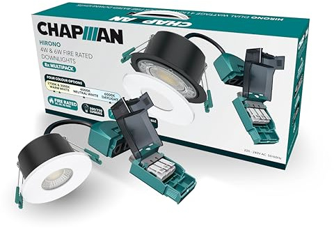 Chapman Hirono Pro 4W & 6W Fire Rated Downlights IP65 White 8 Pack | 4CCT 2700K-6000K, Cool, Neutral or Warm White Waterproof LED Modern Ceiling Light for Bathroom, Kitchen, Bedroom & Living Room