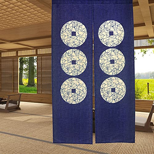 LIGICKY Japanische Noren Lang Vorhang Türvorhang Tapisseri Fliegen Insektenvorhang Raumteiler, Blau 85 x 150 cm (Sechs Münzen Muster)