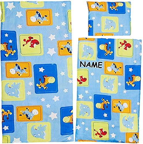 alles-meine.de GmbH 3 TLG. Set: große Puppendecke + Kissen + Unterlage - inkl. Name - 100% Baumwolle - Bunte Farben - 56 cm groß - Stoff - Bettwäsche - Puppenbettzeug/Puppenbe..