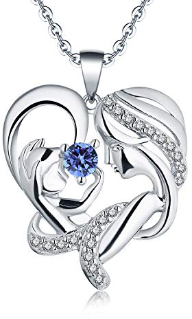 JO WISDOM Mama Damen Halskette Silber 925,Kette Anhänger Mutter und Tochter/Sohn Liebesherz 3A Zirkonia Dezember Geburtsstein Tansanit Farbe,Schmuck für Frauen