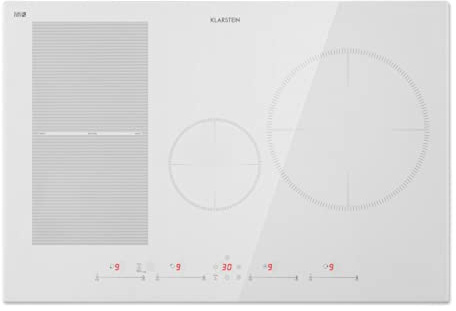 KLARSTEIN Delicatessa - Table à Induction Hybride Encastrée Autonome, 4 Zones : 7000W, 9 Niveaux, Booster, Flex, Stop&Go, Paella, Vitrocéramique Sans Cadre, 80cm - Blanc Mat
