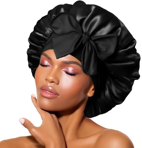 BONNET QUEEN Satin Sovhuvor för Damer Silkesmössa för Sovande Kvinnor, Stor Satin Sovmössa med Justerbart Huvudband för Lockigt, Svart