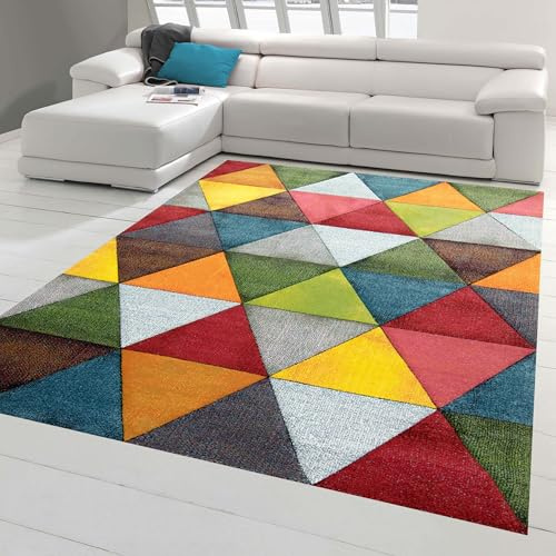 Teppich-Traum Moderner Teppich Wohnzimmer abstraktes Design buntes Dreieckmuster rot grün orange bunt - pflegeleicht Größe 200 x 290 cm
