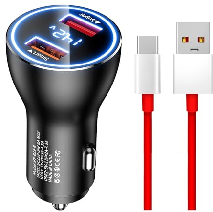 80W SuperVOOC KFZ-Schnellladegerät mit USB-C Ladekabel – Auto-Ladeadapter für OnePlus 15/15R/13/13R/12/11/10/9/8/7 Pro Nord 5 CE5 4 3 und Oppo Find X8/X7/X6/X5/X4 Reno 11/10/9/8