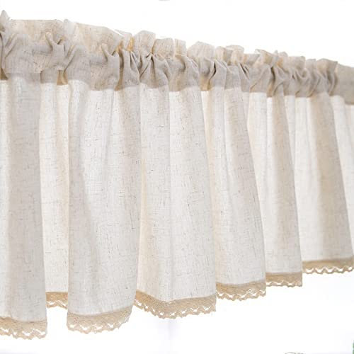 A.Monamour Gardine Scheibengardinen Kurzstores Einfarbig Beige Leinen Baumwolle mit Gehäkelter Spitze Kurzgardinen Küchengardine Küchenvorhang Küche Fenster Kurz Vorhang Stores Bistrogardine