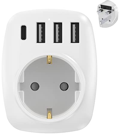 Gogotool Deutschland auf UK Reiseadapter, 5-in-1 Steckeradapter Reisestecker mit 3 USB-Anschlüssen und 1 USB-C, Reiseadapter für Reisea in Großbritannien, Malaysia, Irland Typ G kompatibel