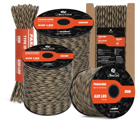 Abma Cord Paracord 620lbs 4mm 30M 100% Nylon Seil Typ 3 Schnur mit 9 Kern für Basteln, Camping, Survival, Outdoor - Max. 280kg - Tactical Camo