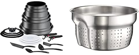 Tefal Ingenio Daily Chef ON Pots & Pans Set, 20 Pieces, Stackable, Removable Handle, Space Saving, Non-Stick, Induction, Grey & Ingenio Saucepan Pasta Insert, Stainless Steel, Silver Coloured, 1.2 kg