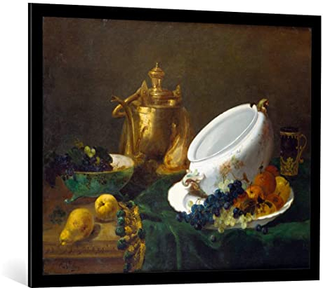 kunst für alle Bild mit Bilder-Rahmen: Antoine Vollon Stilleben mit Messingkanne Suppenterrine und Obst - dekorativer Kunstdruck, hochwertig gerahmt, 100x80 cm, Schwarz matt