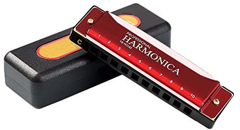 Mundharmonika C Dur,JDR 10 Löcher 20 Töne Blues Harmonika Mit Case u. Putztuch, Diatonische Mundharmonika für Kinder, Anfänger, Erwachsene, Profis, Studenten, als Mitgebsel (Rot)
