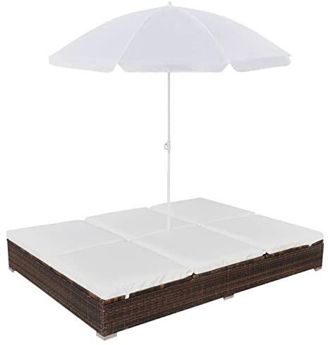 GuyAna Outdoor-Loungebett mit Sonnenschirm Rattan Liege Outdoor Garten Lounge Tagesbett Outdoor Sonnenliege Rattan Outdoorbett Poly Rattan Braun
