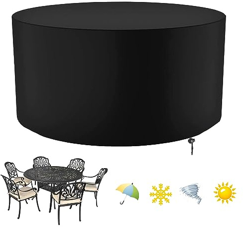 Round Garden Table Covers, Outdoor Garden Furniture Covers Waterproof, Heavy Duty 420D Oxford Fabric Outdoor Patio Circular Set Cover with Drawstring Cord (Φ180×H70cm)- Black