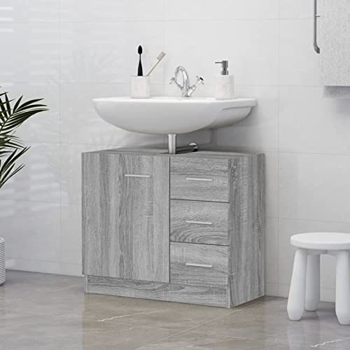 Homgoday Meuble lavabo gris Sonoma 63 x 30 x 54 cm en bois d'ingénierie sous l'évier, meuble de salle de bain, meuble de salle de bain, meuble de rangement, meuble de lavabo