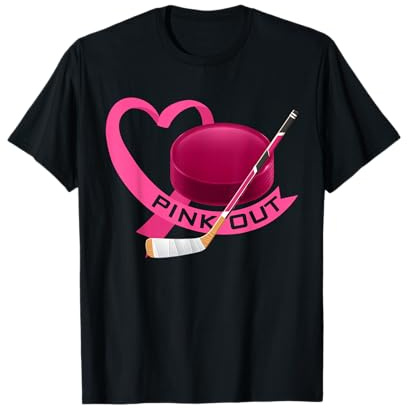 Pink Out Breast Cancer Pink Ribbon Heart & Ice Hockey Puck T-Shirt