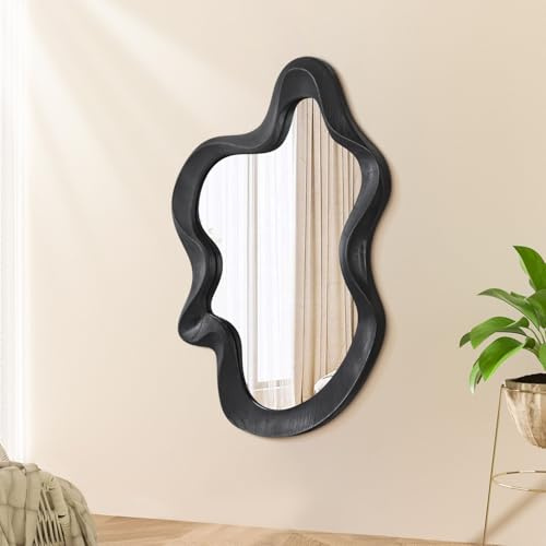 Asymmetrischer Spiegel für Wanddekoration groß Wandspiegel mit Holzrahmen wandmontierter Schminktisch künstlerischer Spiegel dekorativ für Wohnzimmer Schlafzimmer Badezimmer Eingangsbereich Schwarz