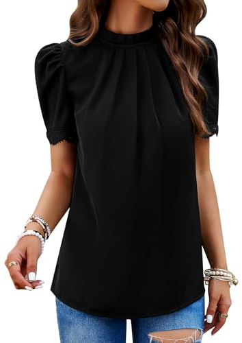 MYCOLORBLUE Damen Elegant Chiffon Blusen Tuniken Falten Stehkragen Tops Puffärmeln Shirts Streetwear Blusenshirt Oberteile Schwarz S