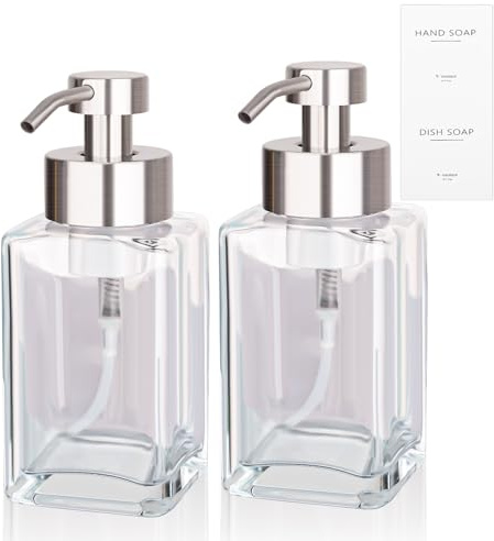 Foaming Soap Dispenser with Stainless Steel Pump, 12oz Refillable Glass Liquid Dish Soap Bottles for Bathroom, Kitchen Sink, Home Decor, 2 Pack